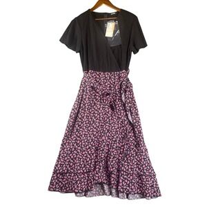 BTFBM Womens‎ XL Black Floral Wrap Midi Dress Short Sleeve Ruffle Tie Waist